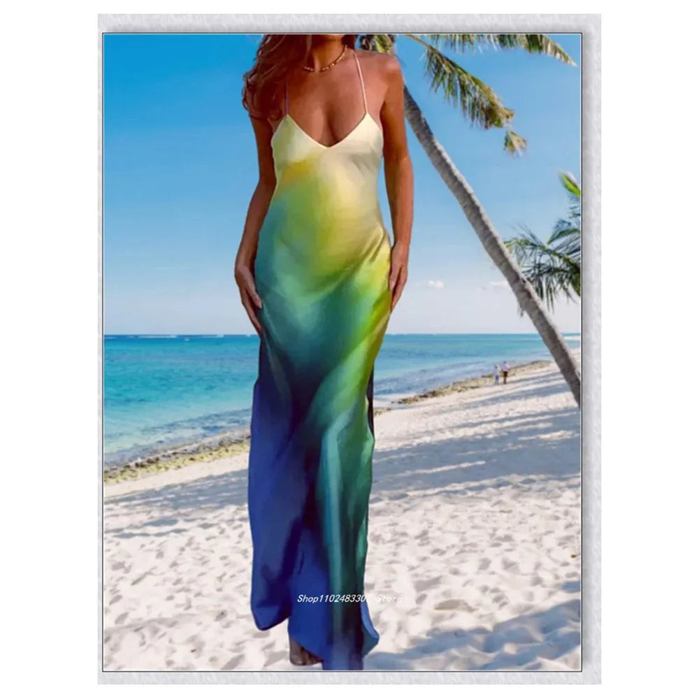 Women's Summer Cami Long Dress Gradient Color Spaghetti Strap V-Neck Backless Beach Evening Party Dress