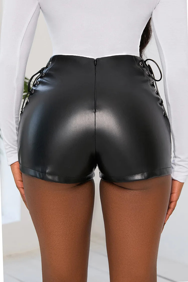 Sexy Black PU Fashion Casual Summer Shorts Women Faux Leather Lace Up Goth Club High Waist Shorts Y2K  Slim Short Pants Ecoparty