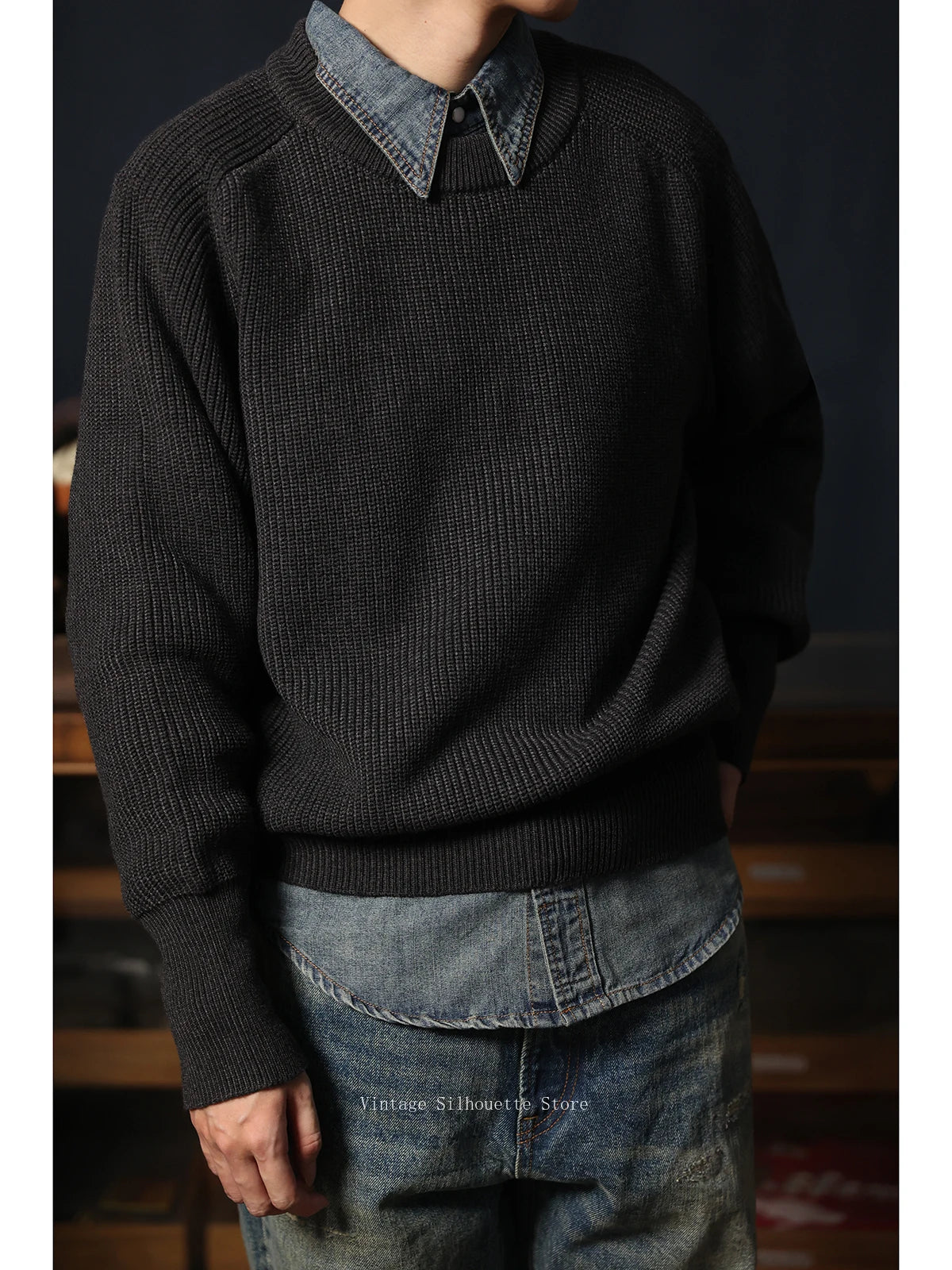 Classic Raglan Sleeve Crewneck Sweater Vintage Style Men's Wool Blend Knitted Pullover Jumper Thick