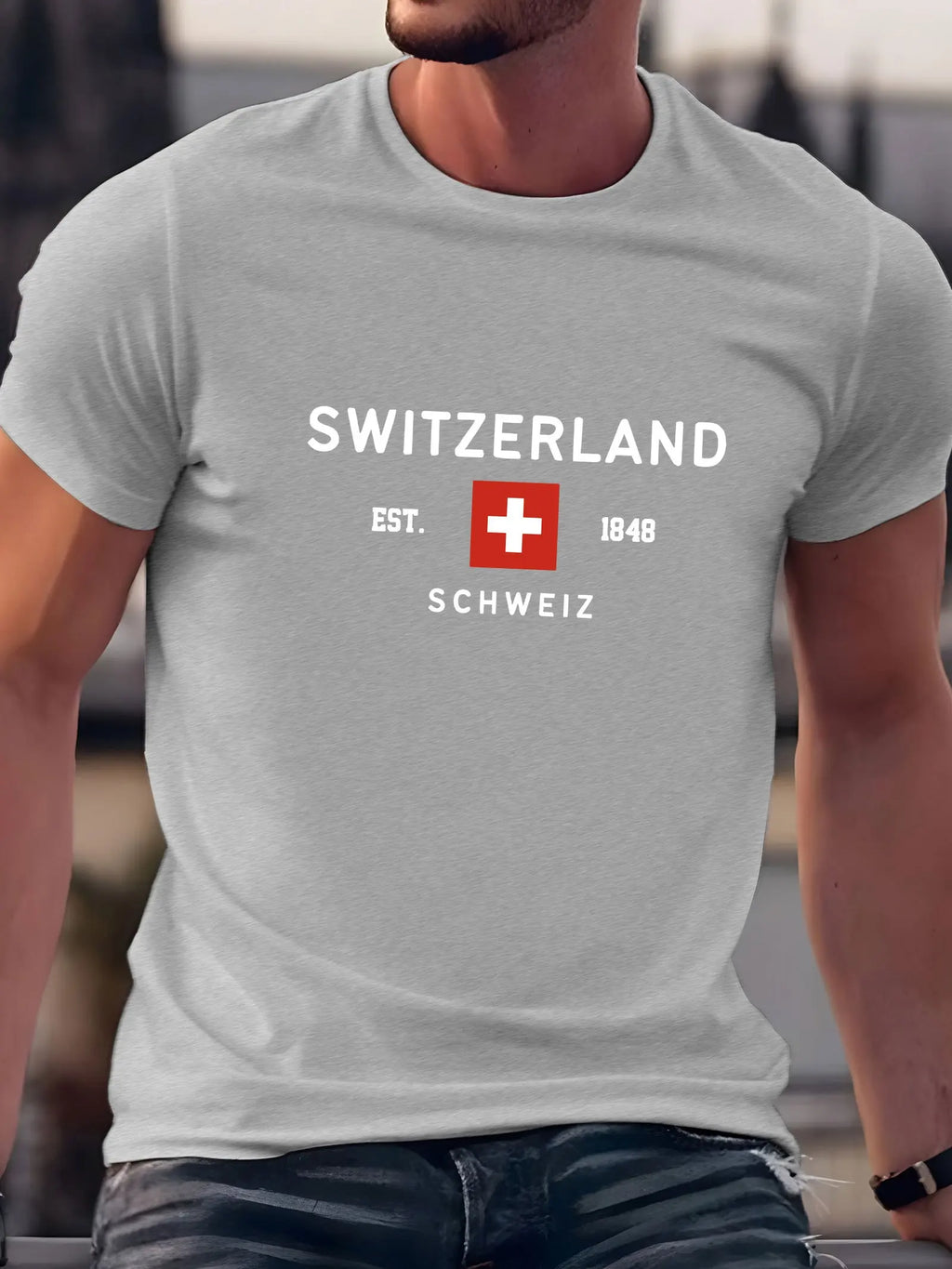 Summer men's 100% pure cotton casual loose plus size Switzerland pattern printed round neck short sleeved T-shirt top