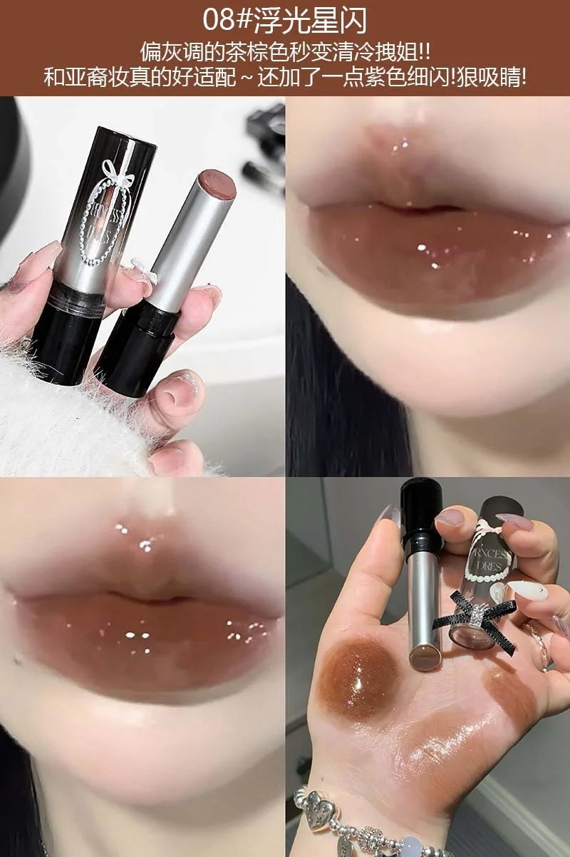 Pink Crystal Mirror Glass Solid Lip Gloss Round Tube Water Light Lipstick Clear Jelly Lip Glaze Nude Brown Moisturizing Lip Tint