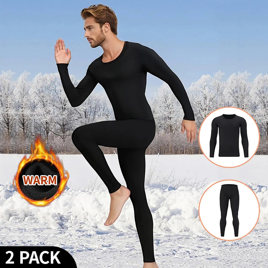 2-piece Men's Autumn/Winter Black Fashionable Versatile Warm Base Set Youth Round Neck Long Sleeved T-shirt Elastic Waisted Pant