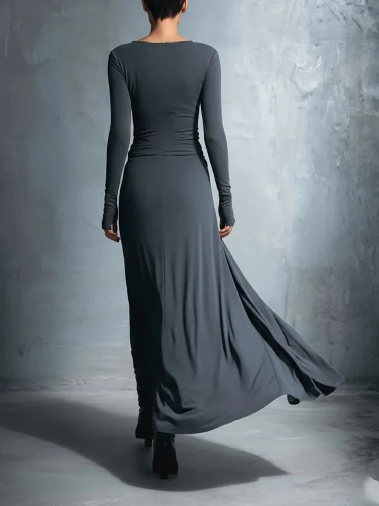 Elegant Long Sleeve Ruched Sexy Maxi Dress Women Gown Autumn Fashion Draped Bodycon Irregular Long Dresses Female Clothing