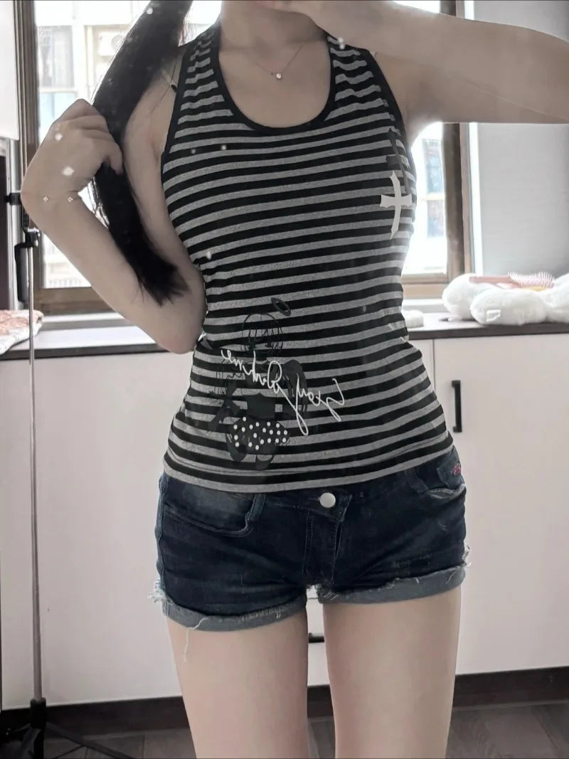 Retro Hottie Tank Tops Y2K Striped Halter Backless Cami Top Women Grunge Streetwear Slim Fit Sleeveless Shirt Graphic Sexy Vest