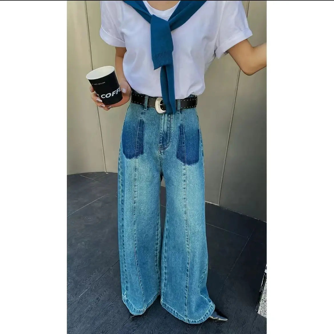 New Denim Jeans with Washed Design, High Waist Slimming, Retro Loose Straight Leg, Floor Hugging, Wide Legs