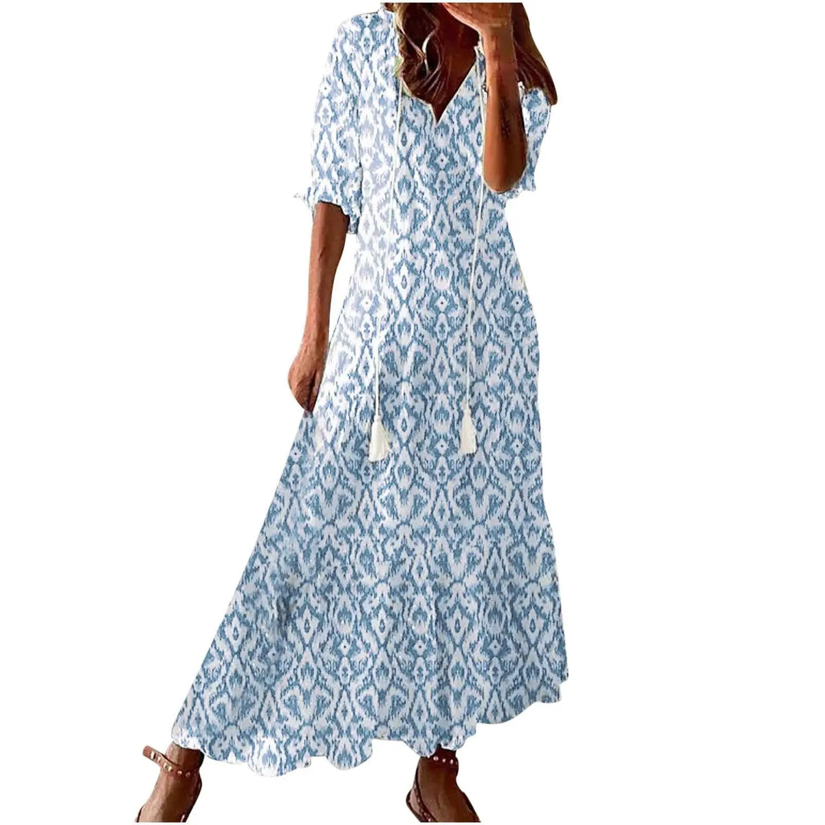 FALL Summer New 2026 Women's Casual Sweet Loose Sexy V-neck Drawstring Fashionable Printed Long Sleeved Boho Bohemian Dresses