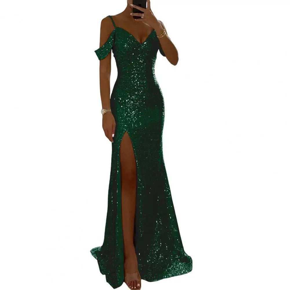Women Sequin Suspender Dress Off Shoulder V Neck Side Slit Evening Dress Floor Length Sequin Ball Gown Banquet Maxi Dress 80%