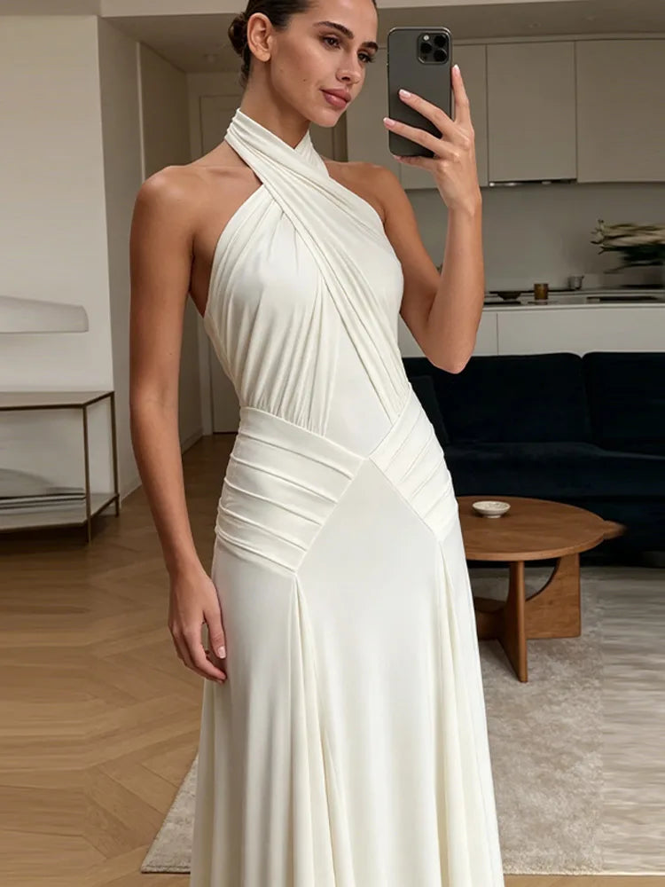 Elegant White Halter Neck Maxi Dress For Women Chic Backless Pleated Bodycon Long Vestidos 2026 Wedding Guest Evening Gown