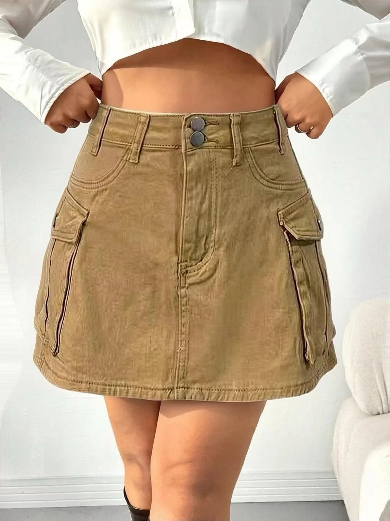 Sexy Women High Waist Cargo Denim Mini Skirt Double Button Multi Pocket A Line Short Skirt Y2K Streetwear Casual Jean Dress