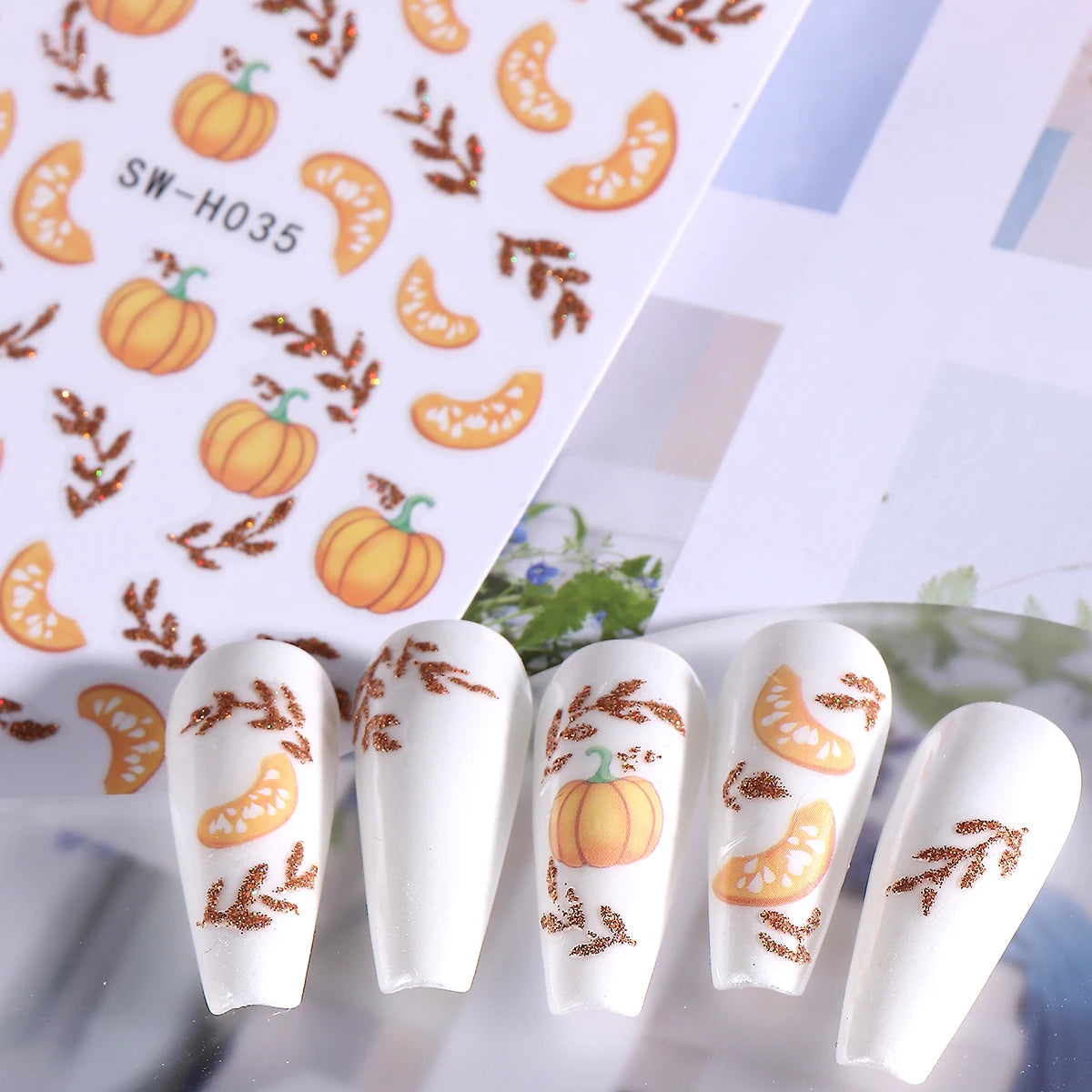 2pcs Glitter Autumn Pumpkin Maple Leaves Nail Stickers Metal Gold Fall Pine Cones Adhesive Decals Painting Foils Manicure Deco