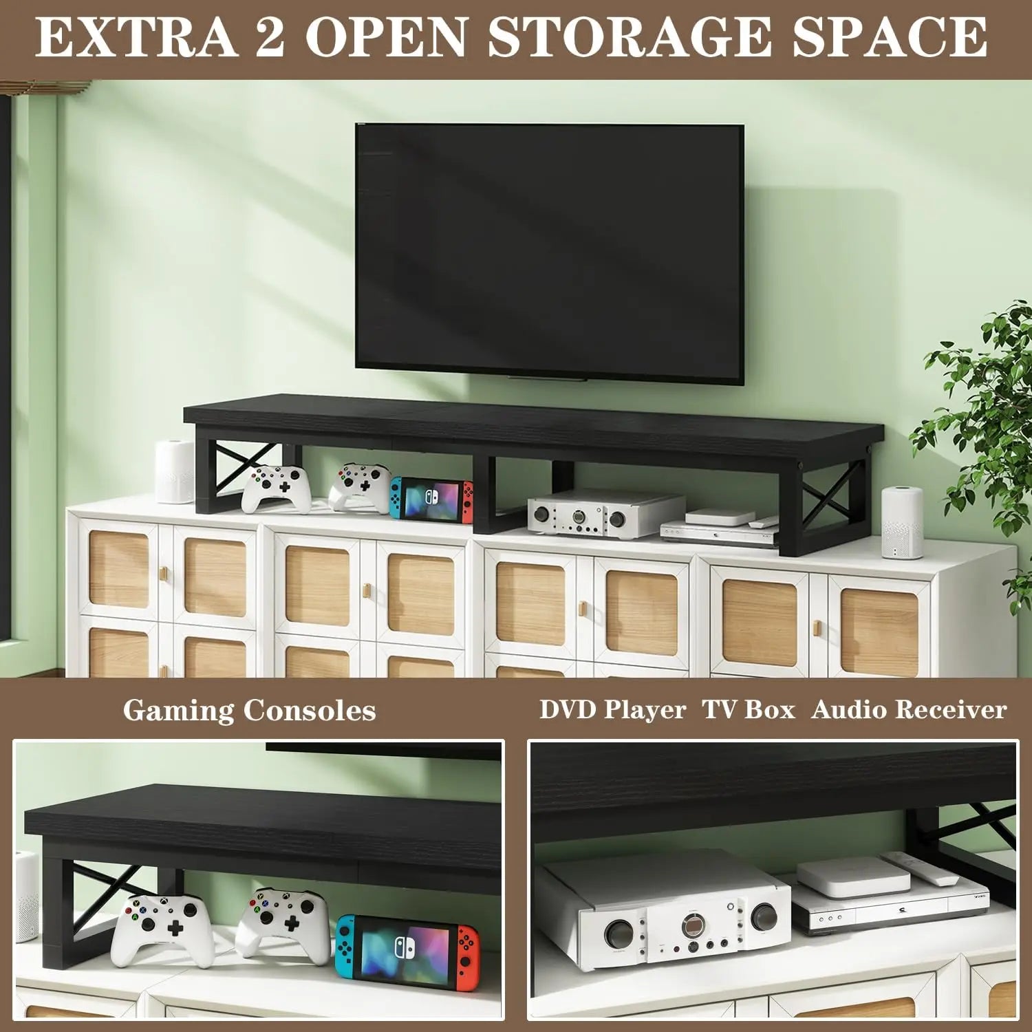 Large TV Riser Stand for 32-60 Inch TVs with Storage, Steel Legs, Black - Ideal for Home and Office