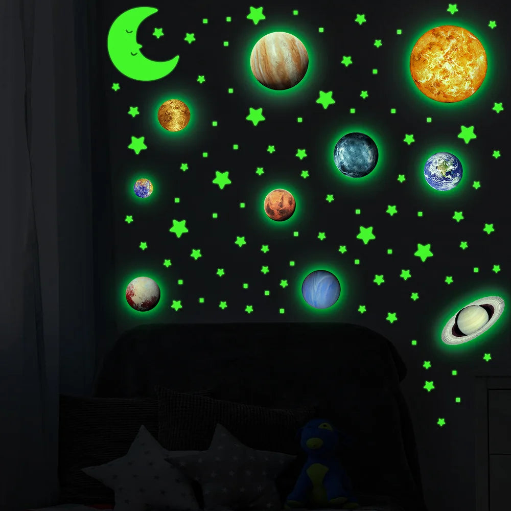 Glow in The Dark Planets Wall Stickers Kids Bedroom DIY Luminous Stars Decals Mural Self-adhesive Room Ceiling Aesthetic Decor