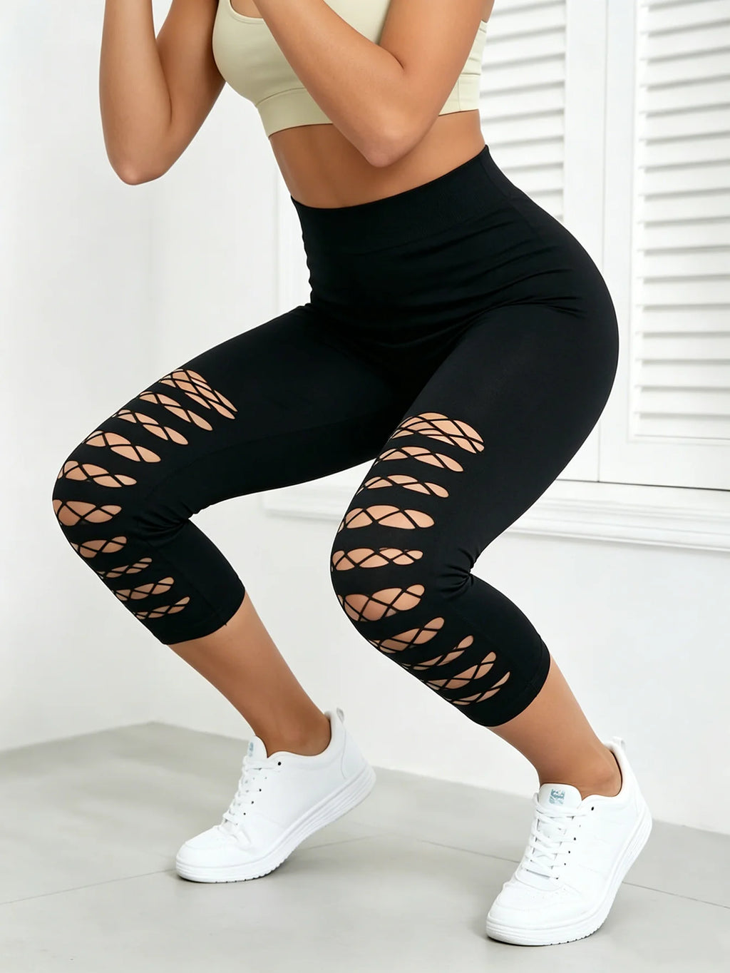 New Black Openwork Mesh Capris Leggings Stretchy Breathable Soft Sports Fitness Pants Everyday Wear Stylish Casual Tights