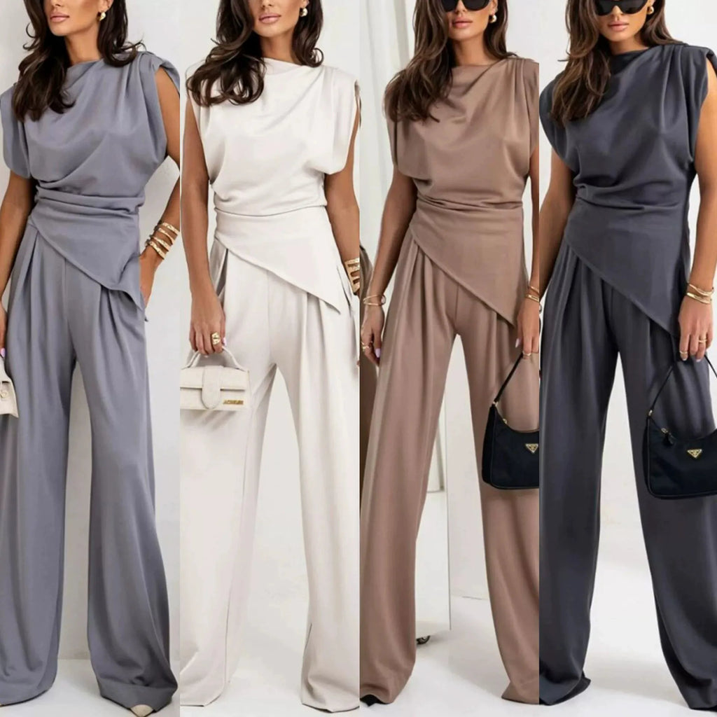 Summer Solid Asymmetric Short Sleeve Set Women's Casual 2-Piece