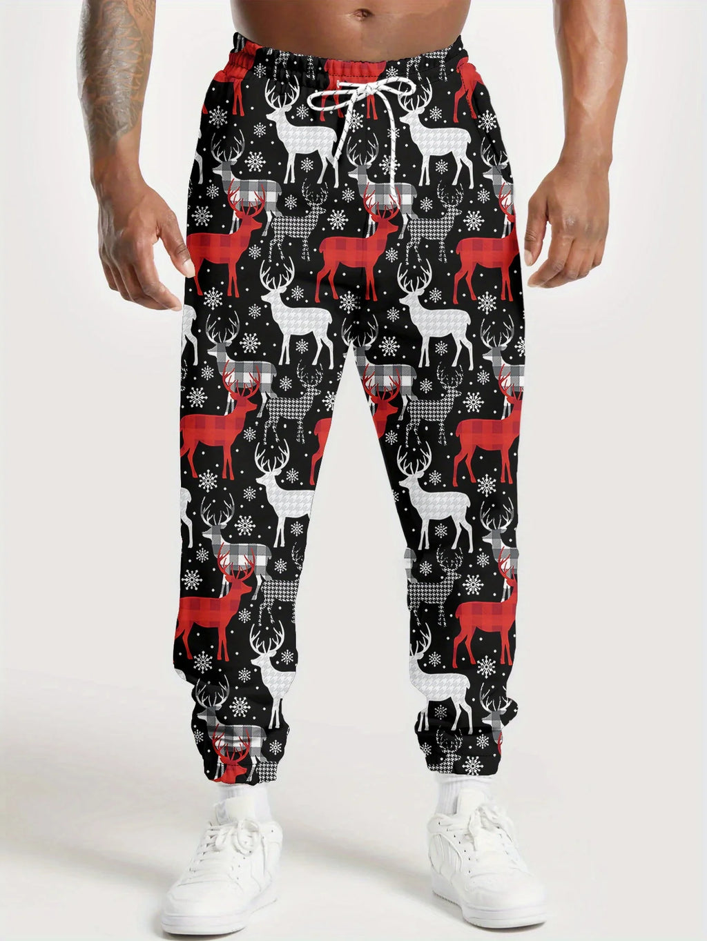 Men'S Christmas Pants with Santa, Reindeer & Tree Print - Red & White Holiday Trousers for Christmas Party, Everyday Winter Wear