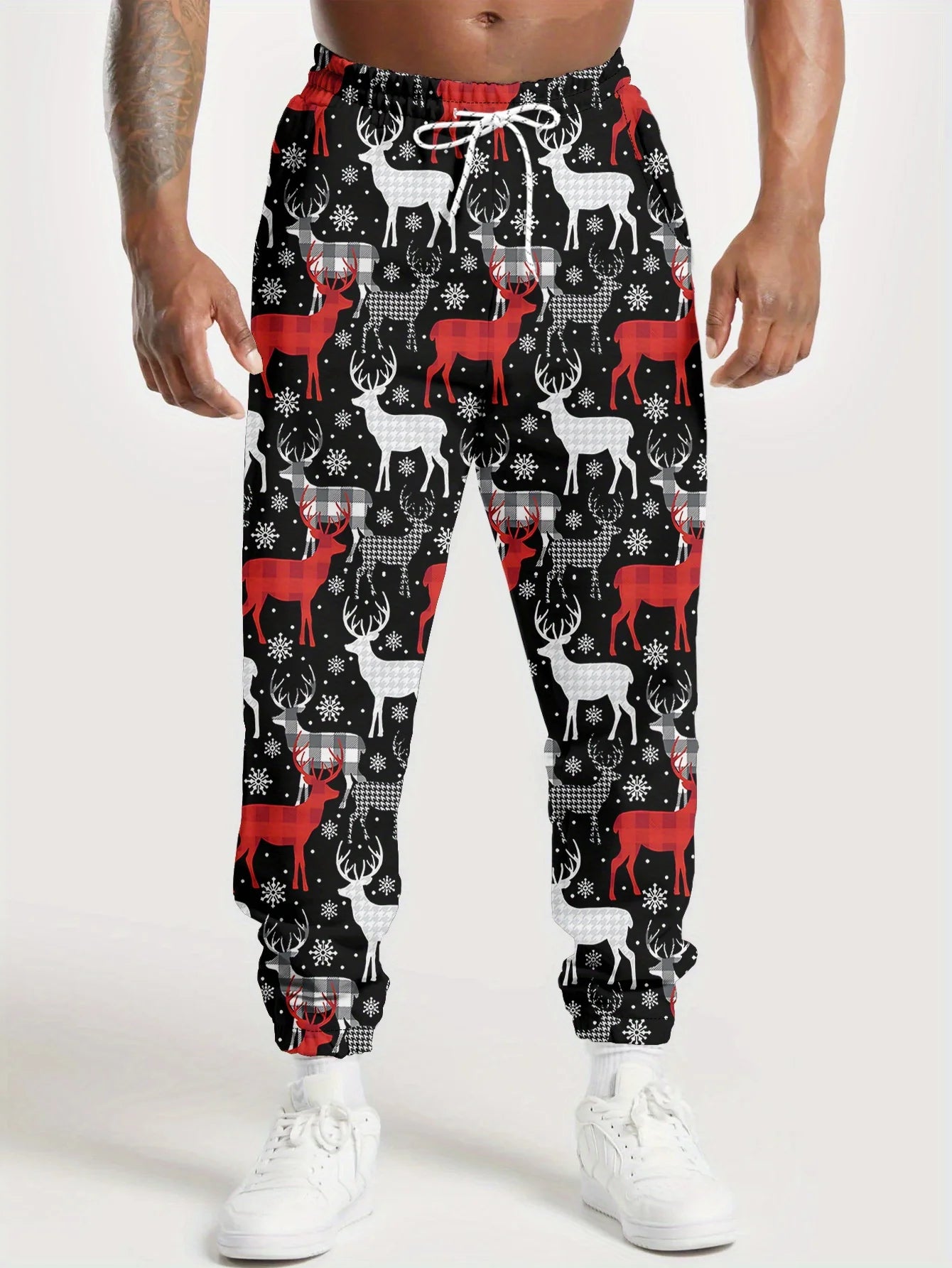 Men'S Christmas Pants with Santa, Reindeer & Tree Print - Red & White Holiday Trousers for Christmas Party, Everyday Winter Wear
