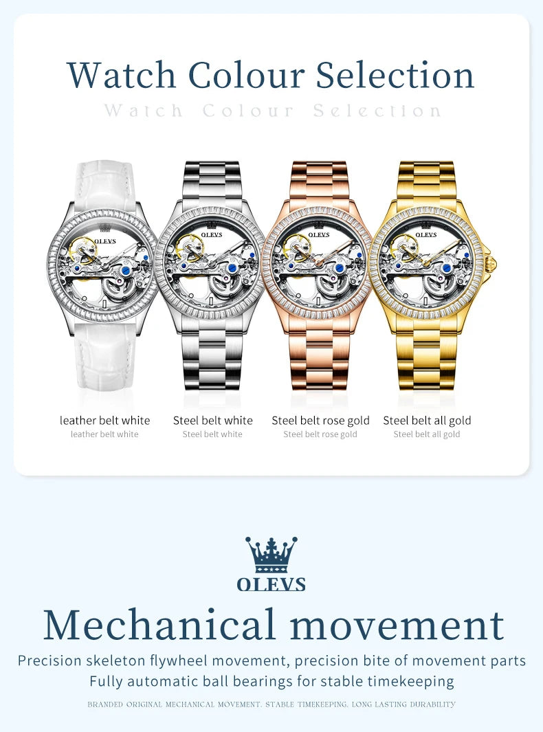 OLEVS Couple Watches Original Fully Transparent Skeleton Automatic Mechanical Watches For Men Women Lover's Gift Luxury Watches