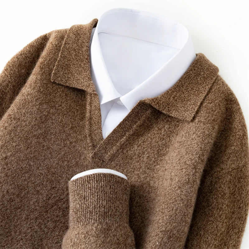 Autumn/Winter Men's 100% Pure Cashmere Pullover Business Casual Solid Knitted Sweater Loose Collar Tops Thick Warm Base Jumper