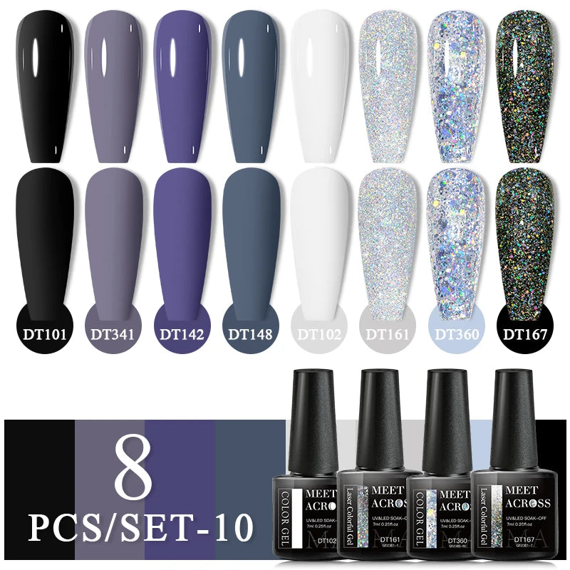 MEET ACROSS 6/8Pcs Set Glitter Gel Nail Polish Autumn Winter Nail Art Varnishes Semi Permanent Soak Off UV Gel Kit Nails Lacquer