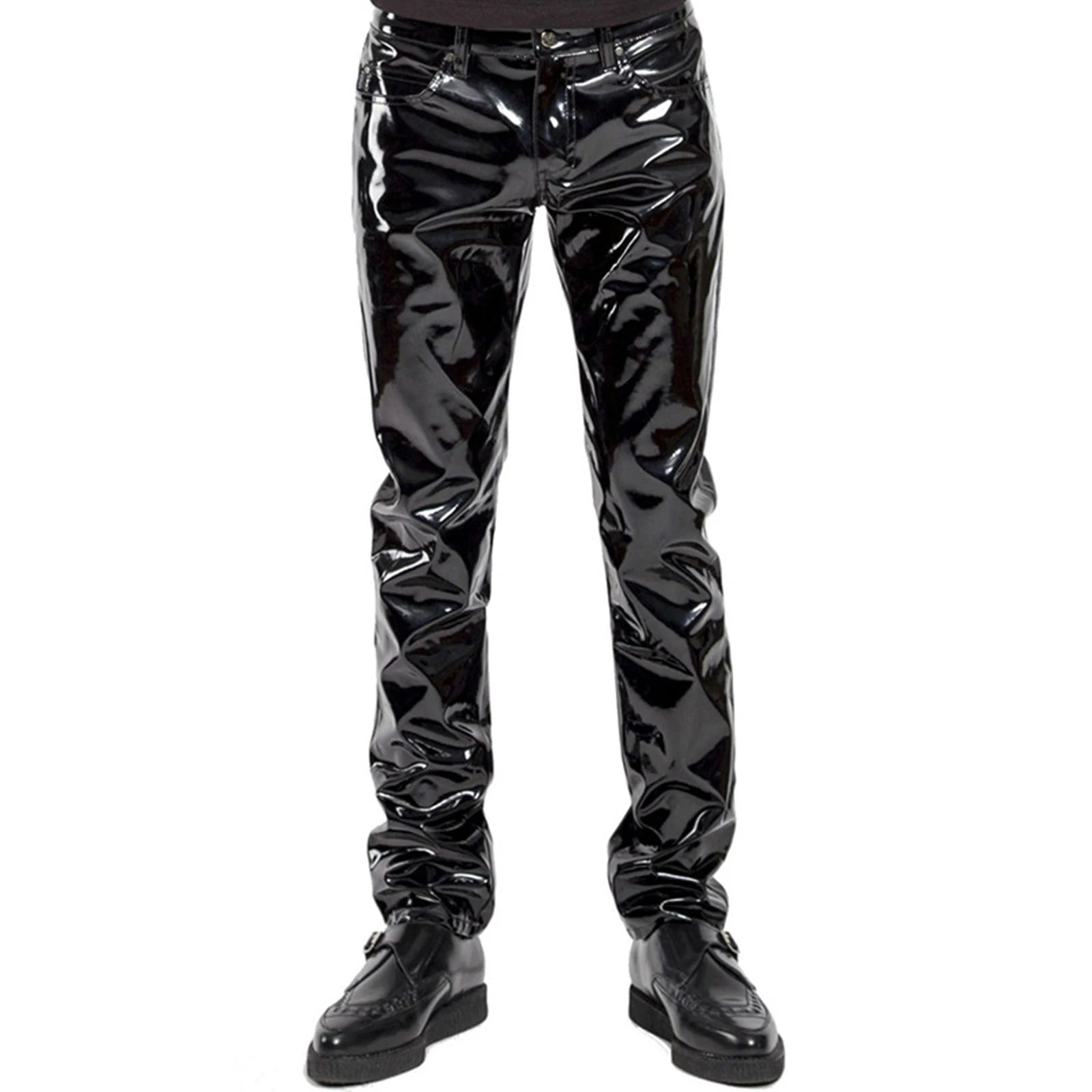 Men Latex Leather Pants Low Waist Faux Leather Shiny Pants Fashion Tight Trousers for Club Stage Show Rock Band Performance