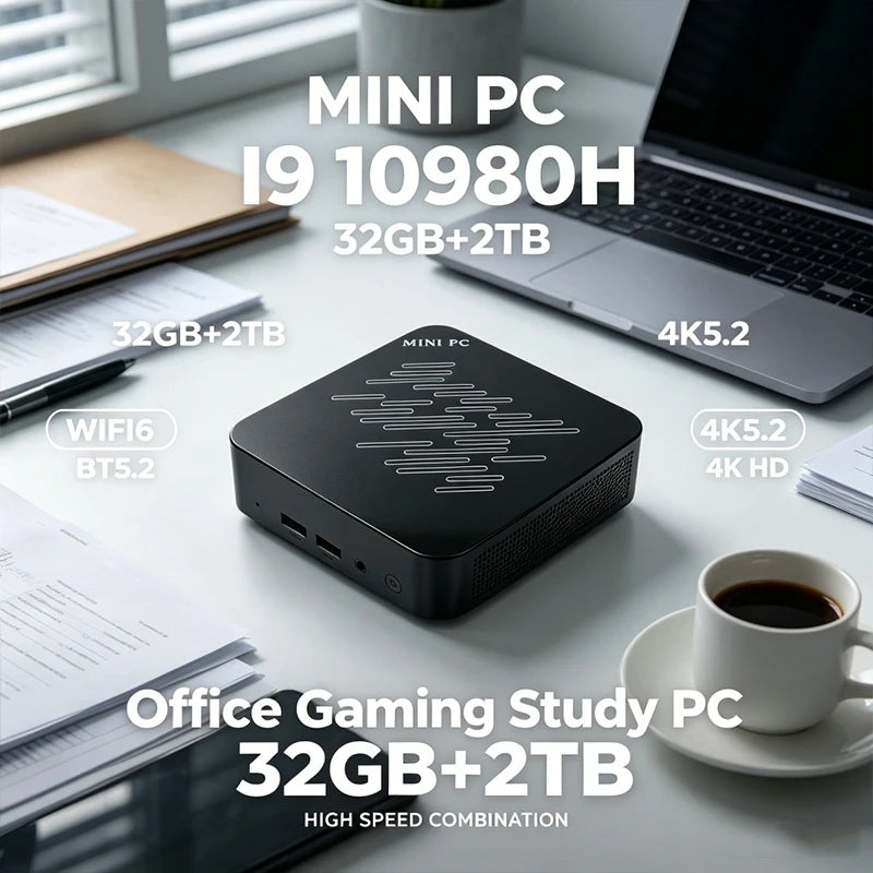 Mini PC Intel Core I9 10980H 32GB RAM 2TB SSD Mini Desktop Computer WIFI6 BT5.2 4K HD Office Gaming Study Small PC
