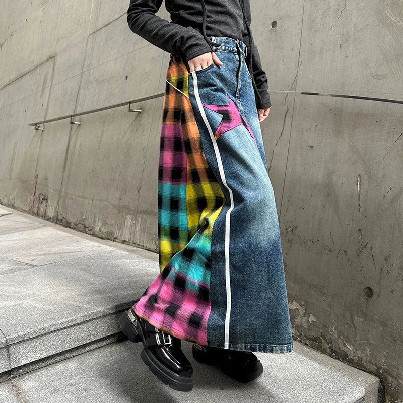High Fashion Denim Skirt Women Elastic High Waist A-Line Long Skirt Female Colorful Patchwork Plaid Jean Skirt