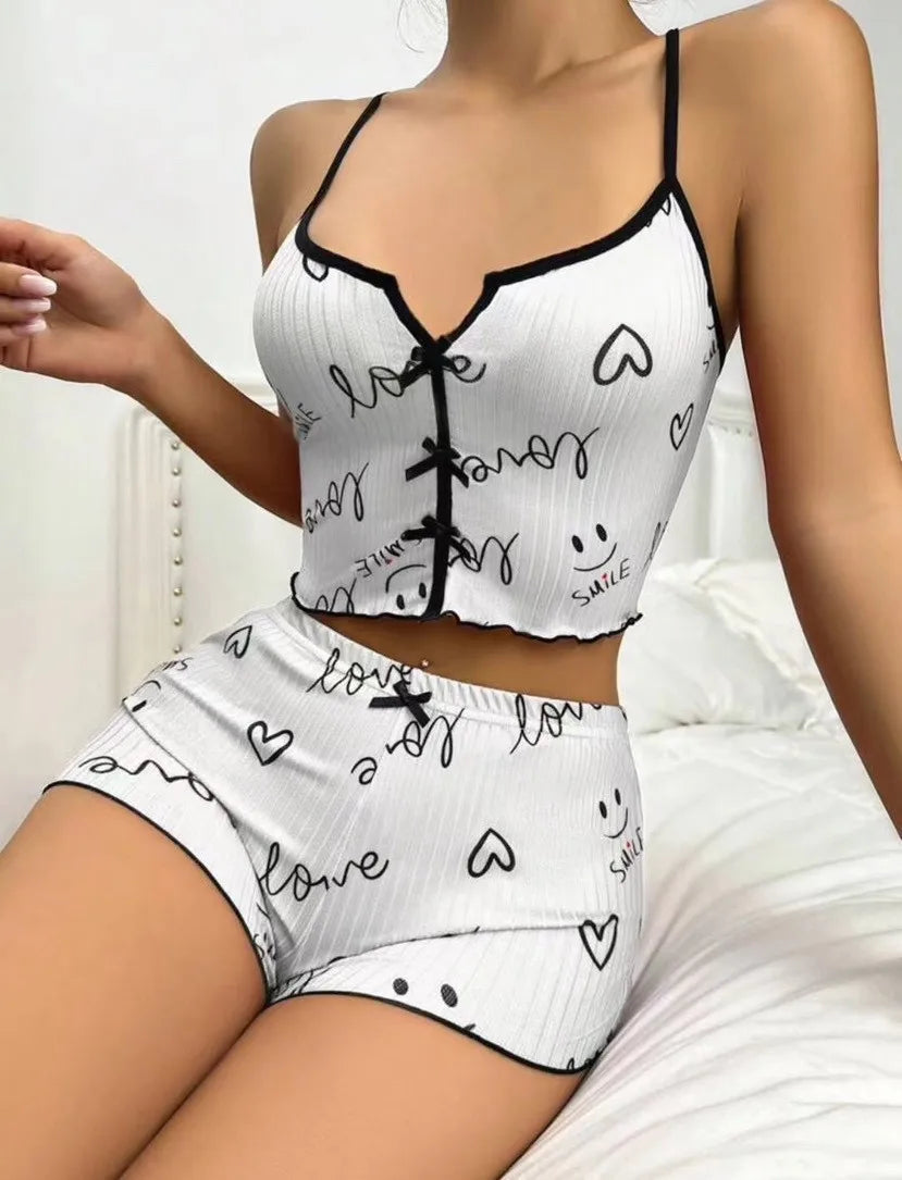 Summer New Arrival: Heart Print Cami Shorts Pajama Set - Trendy Cross Croptop Lounge Set for Women