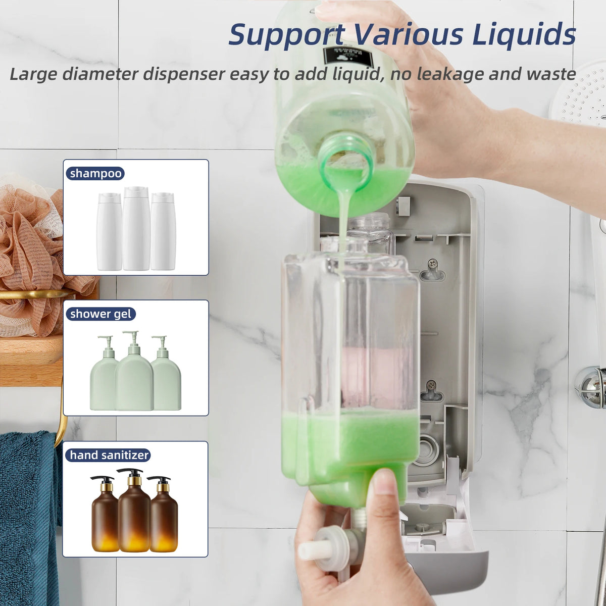 2-in-1 Shower Shampoo Soap Dispenser No Drill Wall-Mounted Shower Pump Soap Dispenser 2 Chamber Body Wash Dispenser for Bathroom