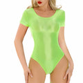 Women Sexy Bikini Leotard Solid Color Oil Shiny Smooth Bodysuits Short Sleeve Swimwear Rompers Transparent Yoga Fitness Catsuits