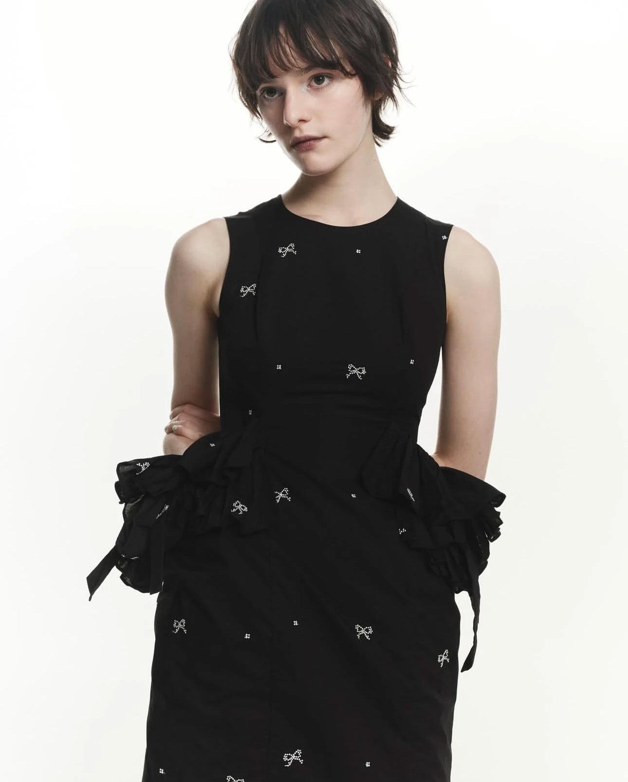 Japanese Sweet Basic Black Sleeveless Long Dress Summer 2025 New Women's Slim Cute Bow Printed Ruffles Casual Fashion Dress