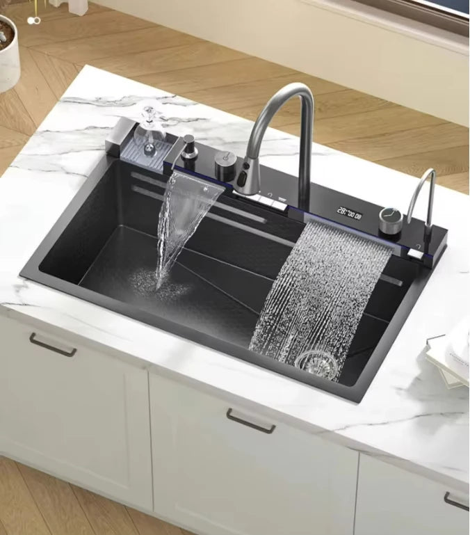 Stainless Steel Large Single Slot Bionic Honeycomb Black Wash Top Mount / Apron Front Smart Kitchen Sink with Waterfall Faucet