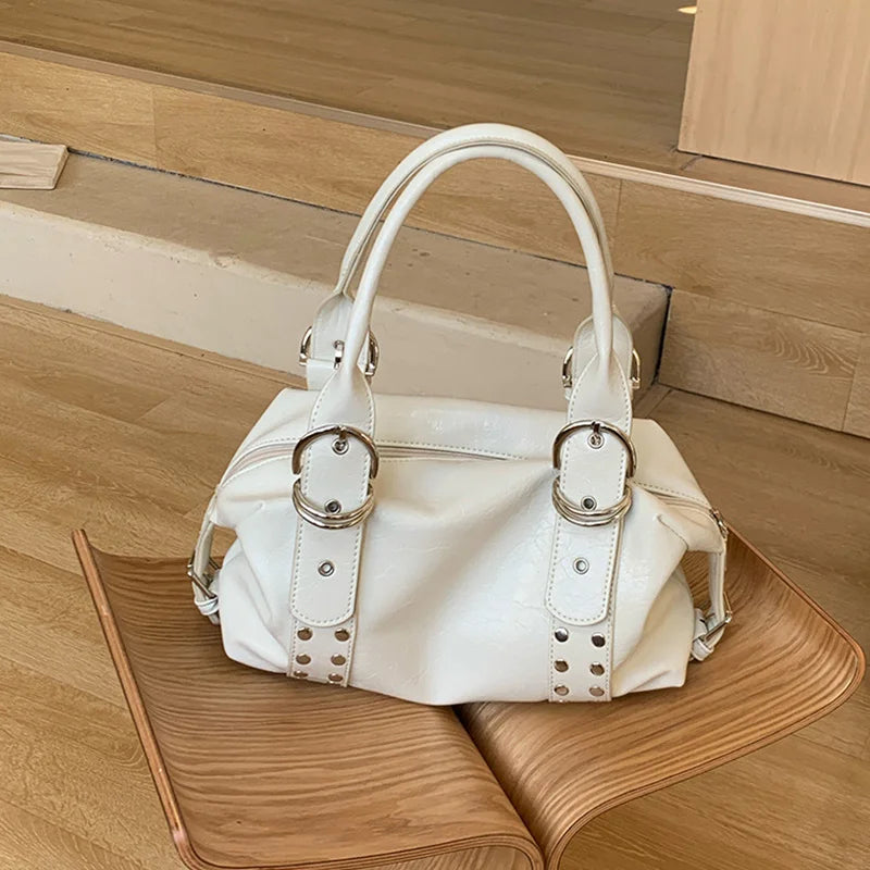 Vintage Style PU Leather Women Shoulder Bag Large Capacity High Quality Fashion Rivet Handbag Daily Use Y2K Motorcycle Bag