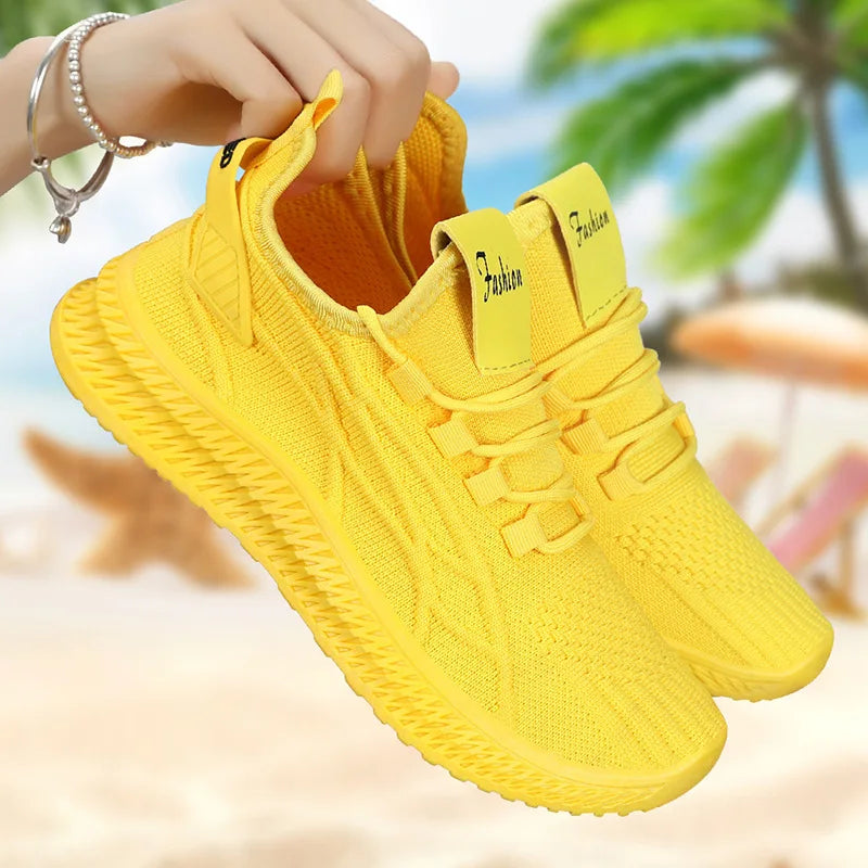 Yellow Sneakers For Women Shoes Slip On Flying Breathable Mesh Sneakers Woman Spring New Lightweight Tennis Ladies Casual Shoes