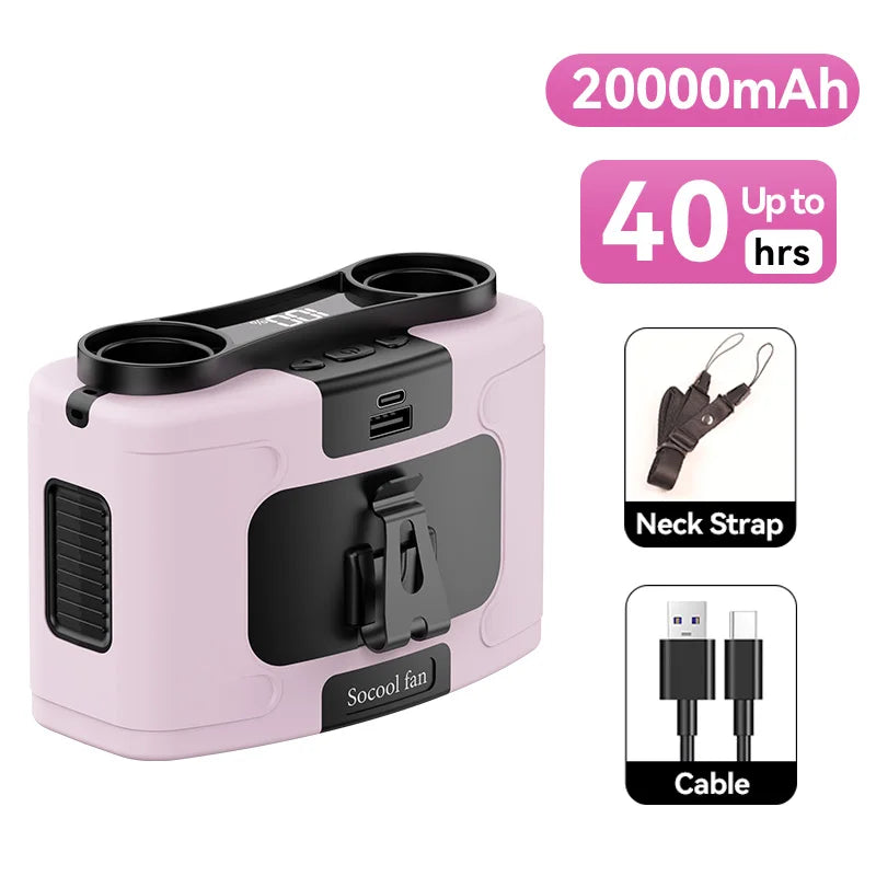 Socool 20000mAh Portable Waist Fan Dual Air Outlet 10 Gear Speeds Outdoor Personal Hanging Neck & Belt Clip Fan with Power Bank