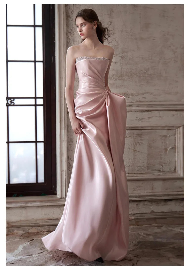 Pink Strapless French Evening Gown 2026 New High-end Annual Meeting Host Engagement Banquet Bride Toast Costume Customization