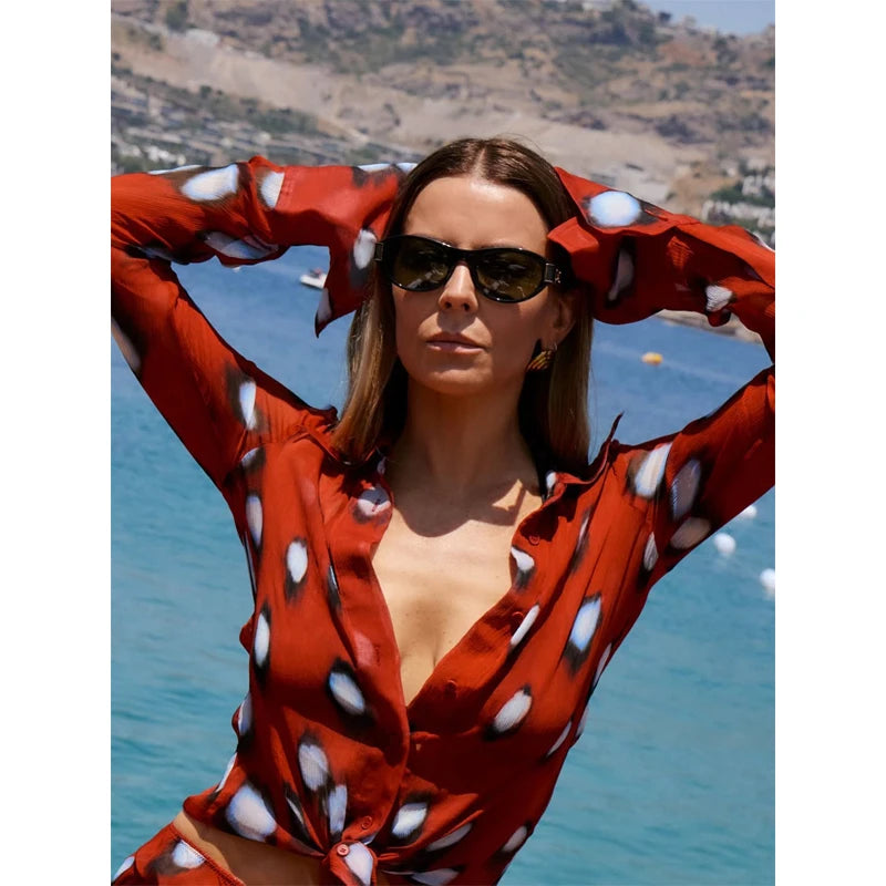Sexy Printed Polka Dot Dress Retro Sheer Turn-down Collar Button Detachable Scarf Robe 2026 Summer Chic Y2k Women Casual Dresses