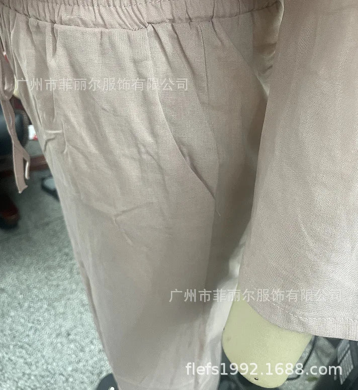 Casual Solid Color Pullover Long Pants 2-piece Set Women's Cotton and Linen Pants Suit White Pink