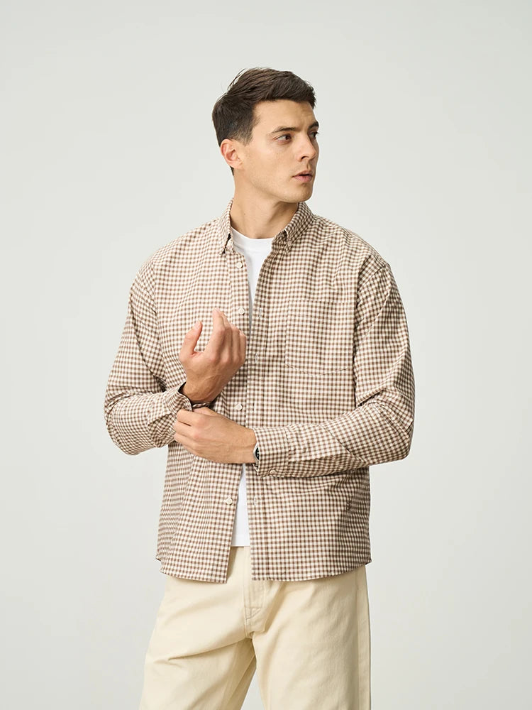 SIMWOOD 2026 Spring New Oversize 170gsm Liquid Ammonia Finish Fabric Shirts Men Checked Plaid Casual Shirts