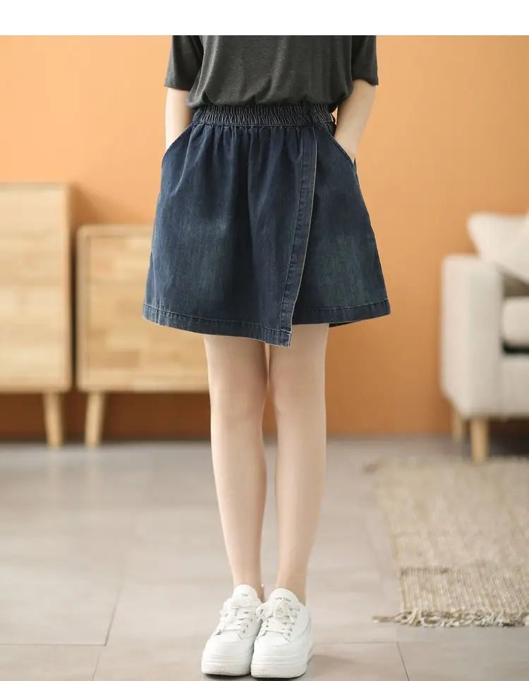 Stylish Elastic-Waist Denim Shorts Women New Summer Collection Loose High Waist Casual Versatile Slimming Skirt Pants