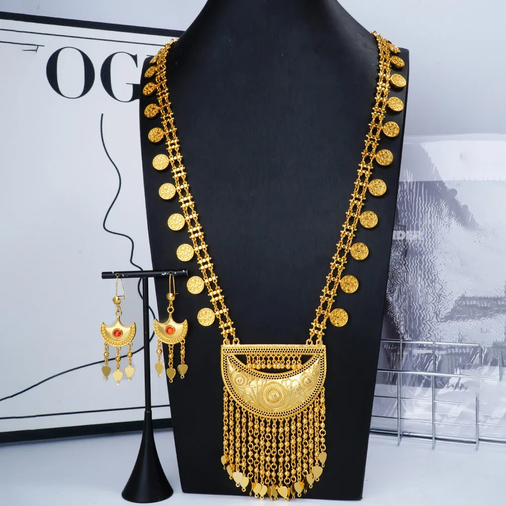 Tassel Necklace Earrings Long Set Women's 24K Gold AU999 - Exquisitely crafted 24K gold, smooth tassels, great for gifting