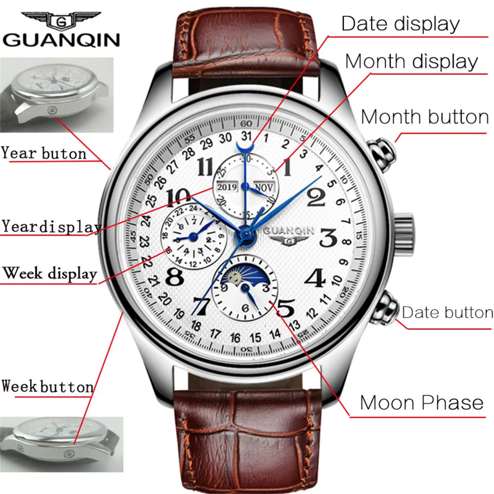 GUANQIN Leather Steel Mechanical Sapphire Men Watches Top Brand Luxury Waterproof Automatic Wristwatch Calendar Moon Phase
