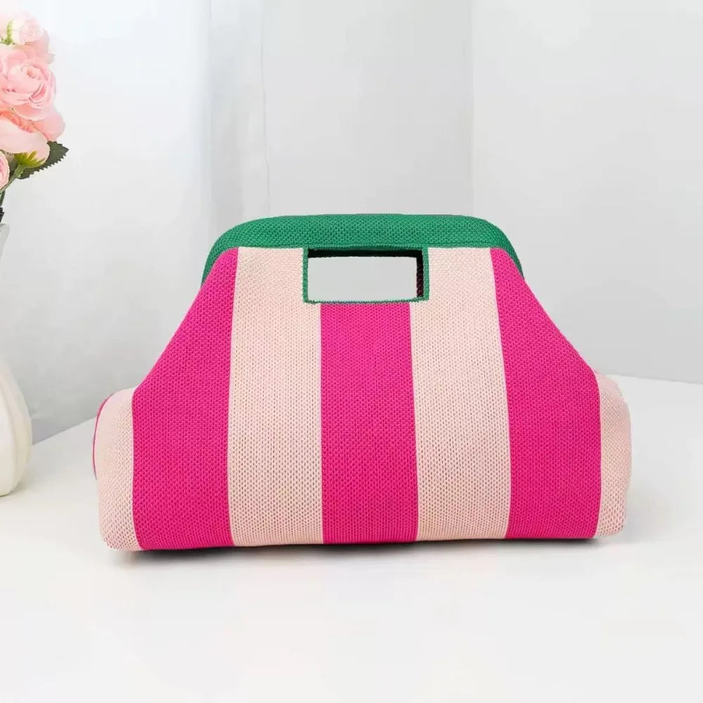 New Woven Bag Hollow-Out Striped Knitted Handbag Fly-Knitted Cloud Versatile Portable Cosmetic Bag