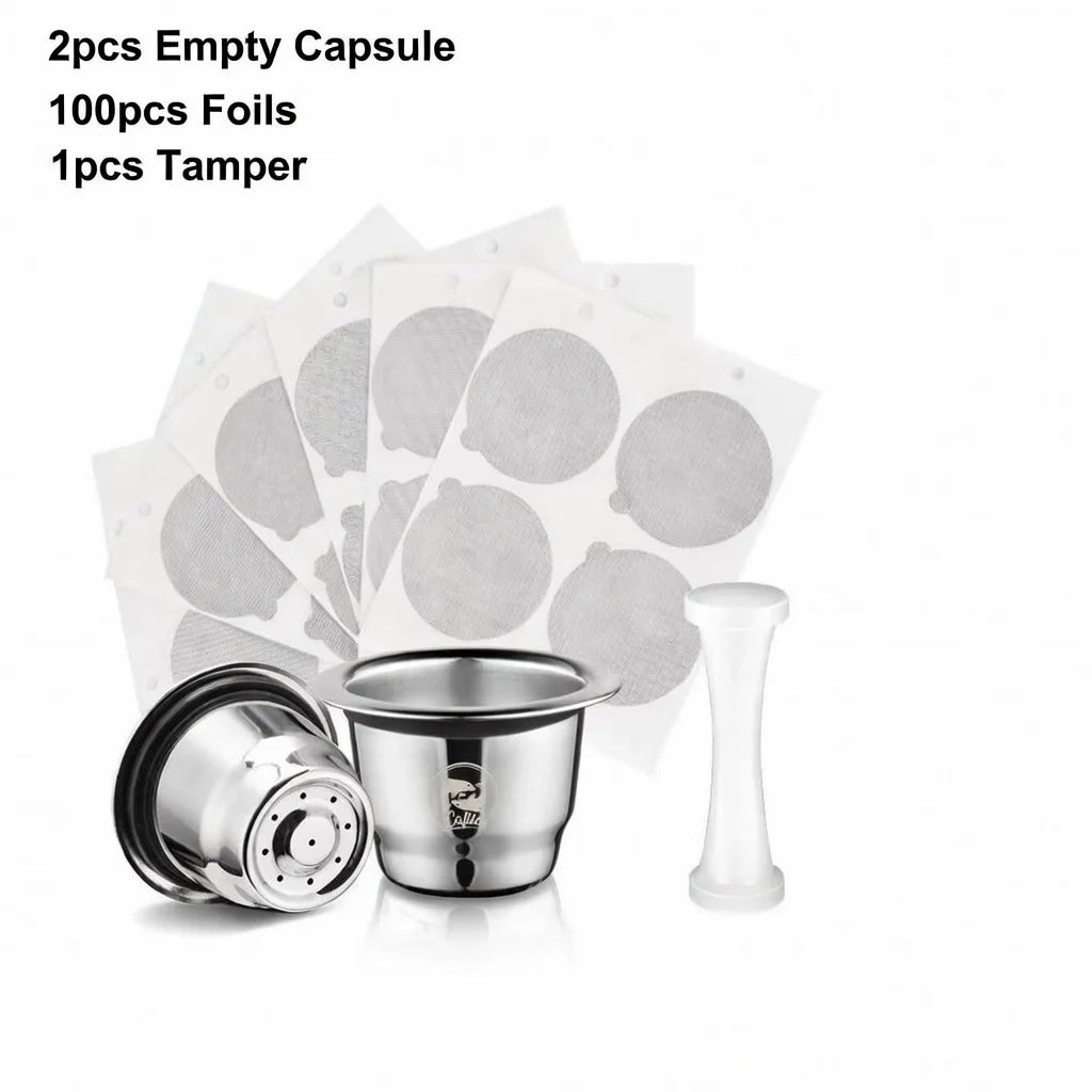 Icafilar Reusable Coffee Capsule Pod for Nespresso Stainless Steel Espresso Crema Coffee Filter Aluminum Foils Lid Tamper Dosing