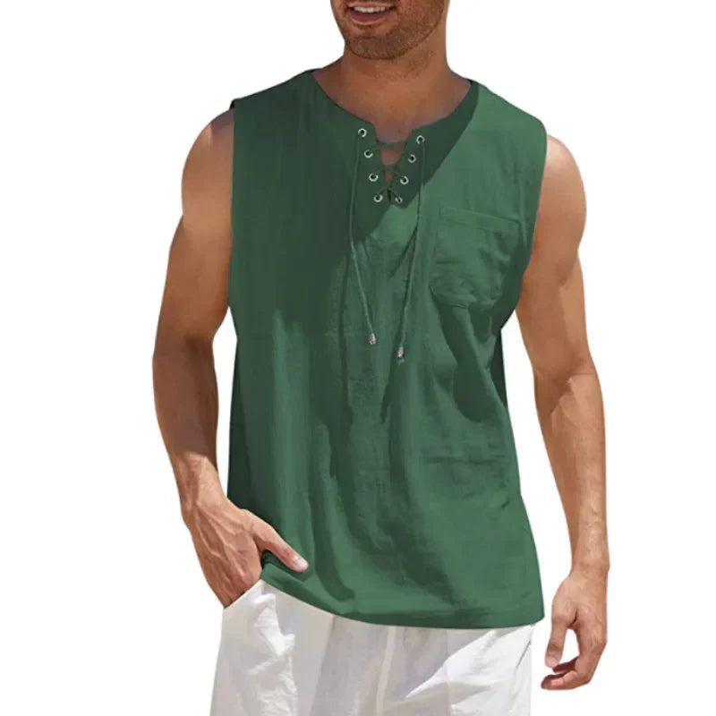 New 2026 Men's Casual Cotton Linen Tank Tops Men Drawstring V Neck Sleeveless Shirts Summer Casual Shirt Gym Fitness Vest Tops