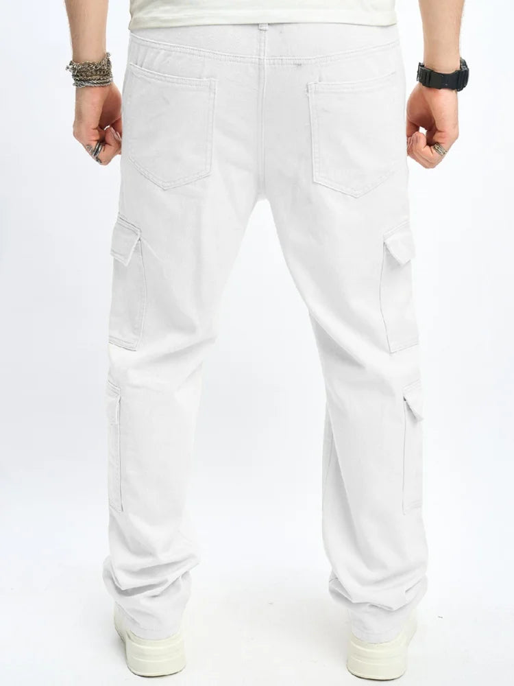 Mens Multiple Pockets Cargo Loose Jeans Streetwear Straight Casual Outdoor Trousers Male Clothing Fashion Denim Pants White