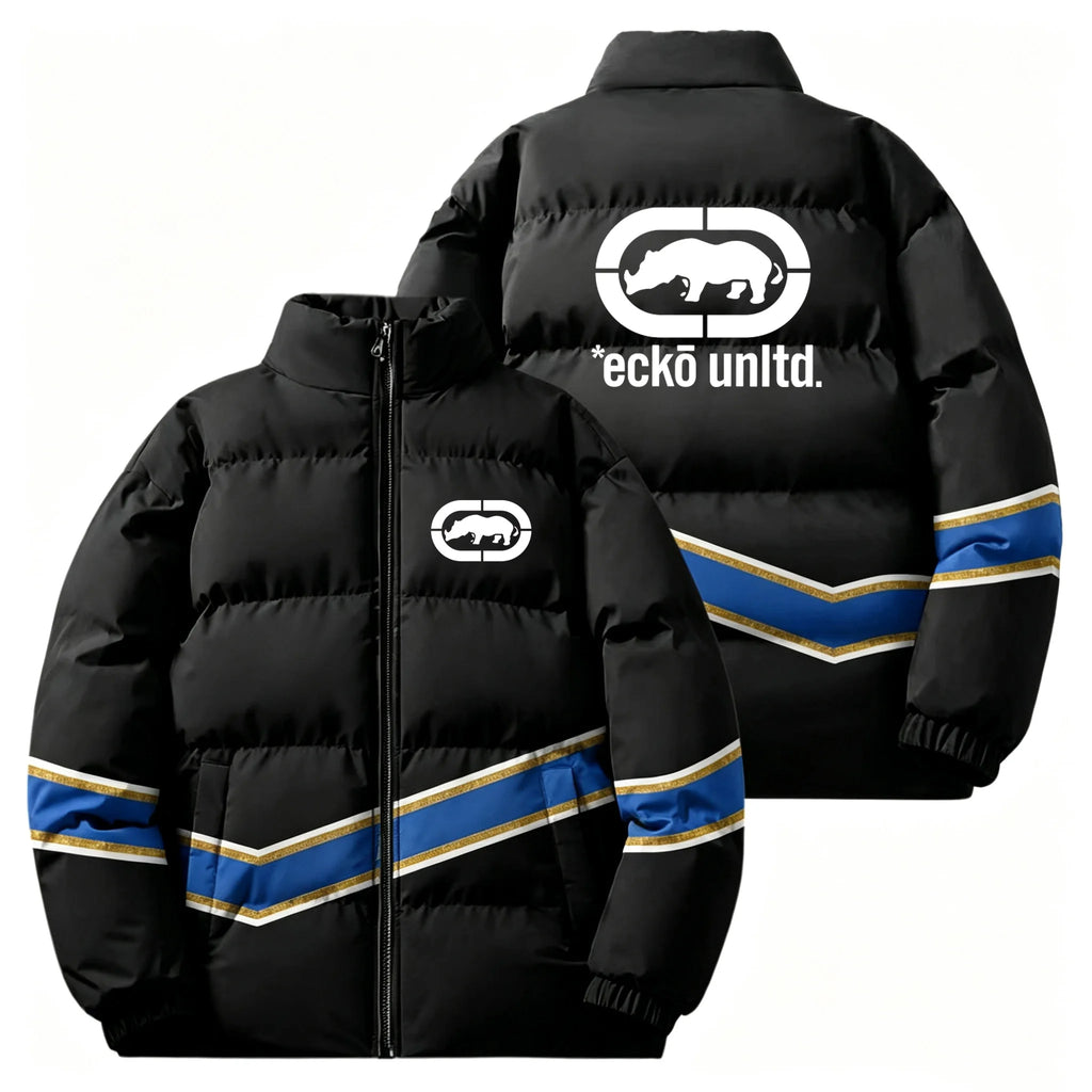 Winter Men Thick Padded Down Jacket Ecko Unltd Rhino Print Stand‑collar Zip Coat Hip‑hop Street Style Loose Warm Outerwear For D