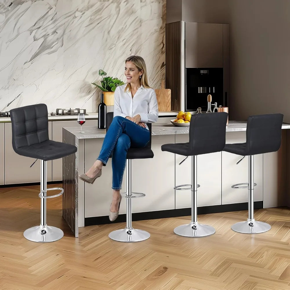Set of 4 Adjustable Swivel Barstools, Modern PU Leather Kitchen Counter Bar Stools, Square Back Bar Stool Customized