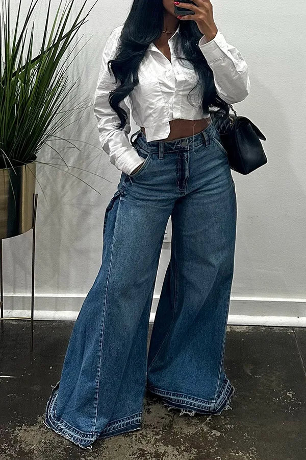 QICHE European American Women Y2K Blue Washed Patchwork Flare Jeans Loose Tassel Floor-Length Wide Leg Denim Pants