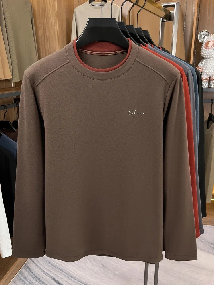 Unique fake two pieces round neck sweater men fashion brand letter emboss pullover autumn winter warm velvet long sleeve T-shirt
