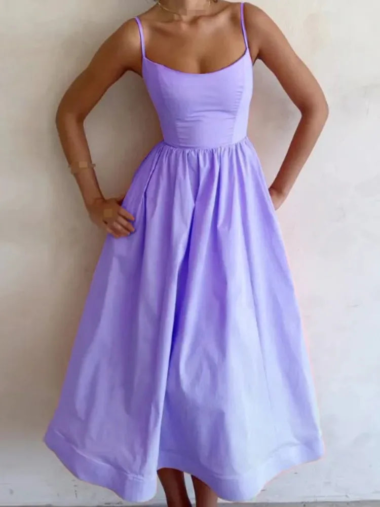 Summer U-neck Casual Female Vintage Elegant  Spaghetti Strap Dress Women Elegant Solid Sleeveless A-line Midi Women's Dresses